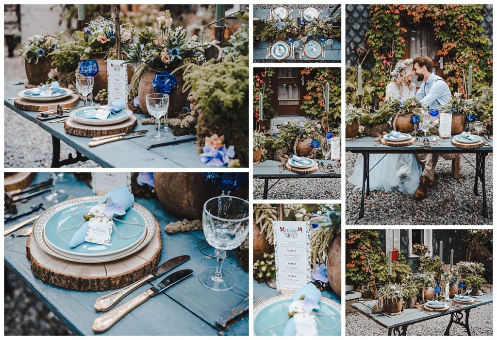 Tischdeko Hochzeitstrends silber blau Holz