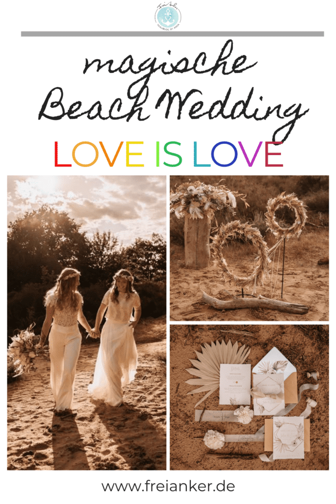 gleichgeschlechtliche Hochzeit Love is Love in Sky an Sand Beach Wedding