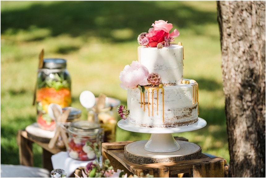 Surprise Wedding Picknick im Grünen Semi Naked Dripped Cake