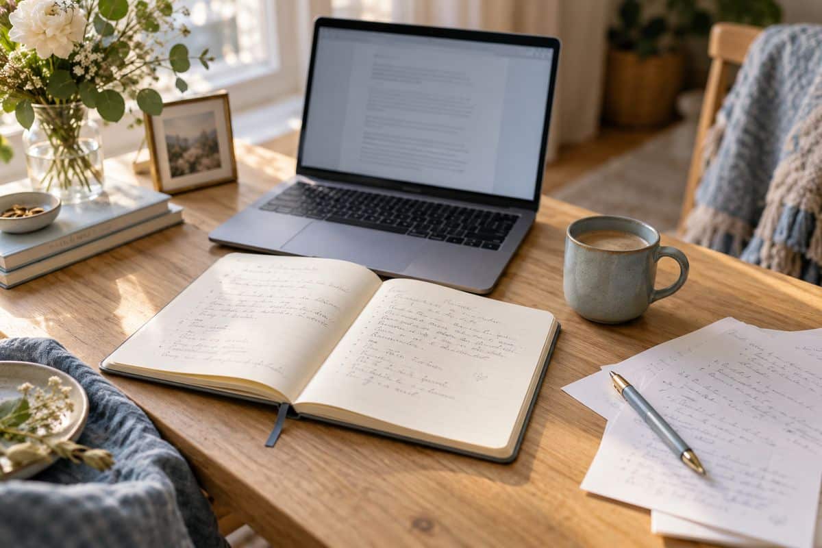 Laptop, offenes Notizbuch, handschriftliche Notizen und eine Tasse auf einem hellen Holztisch.